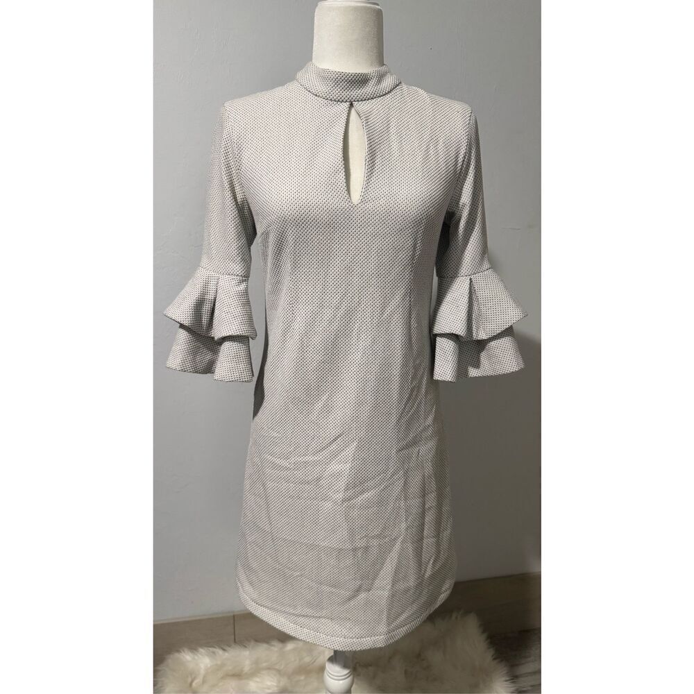 Keepsake bell sleeve dress black white dots sheath dress M